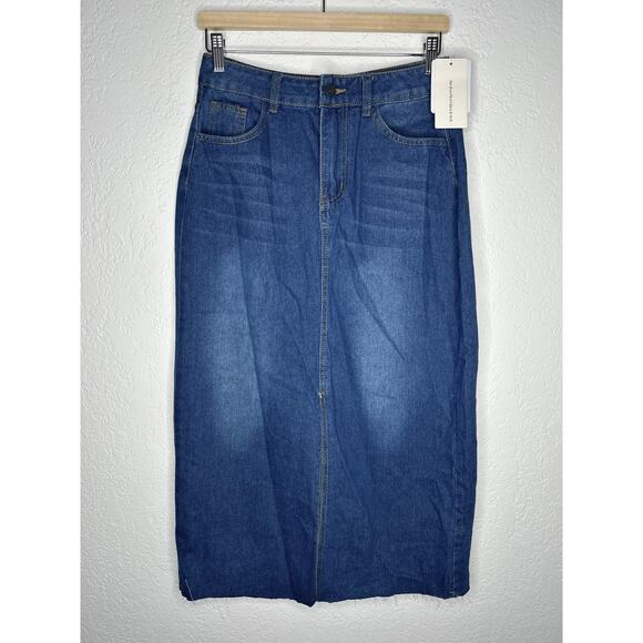 Commense Front Split Raw Hem Denim Midi Skirt S NWT - Picture 2 of 7